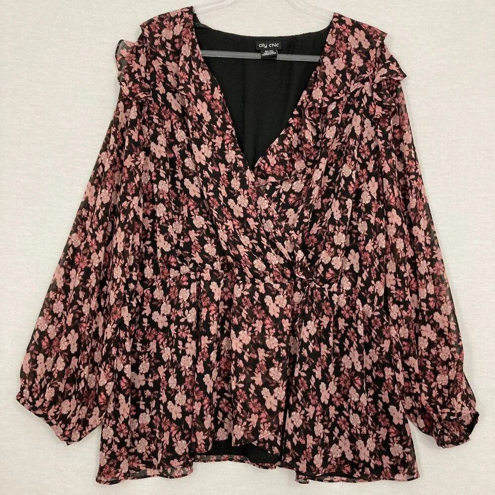 City Chic Soft Ruffle Floral Faux Wrap‎ Long Sleeve Blouse size 24 Plus